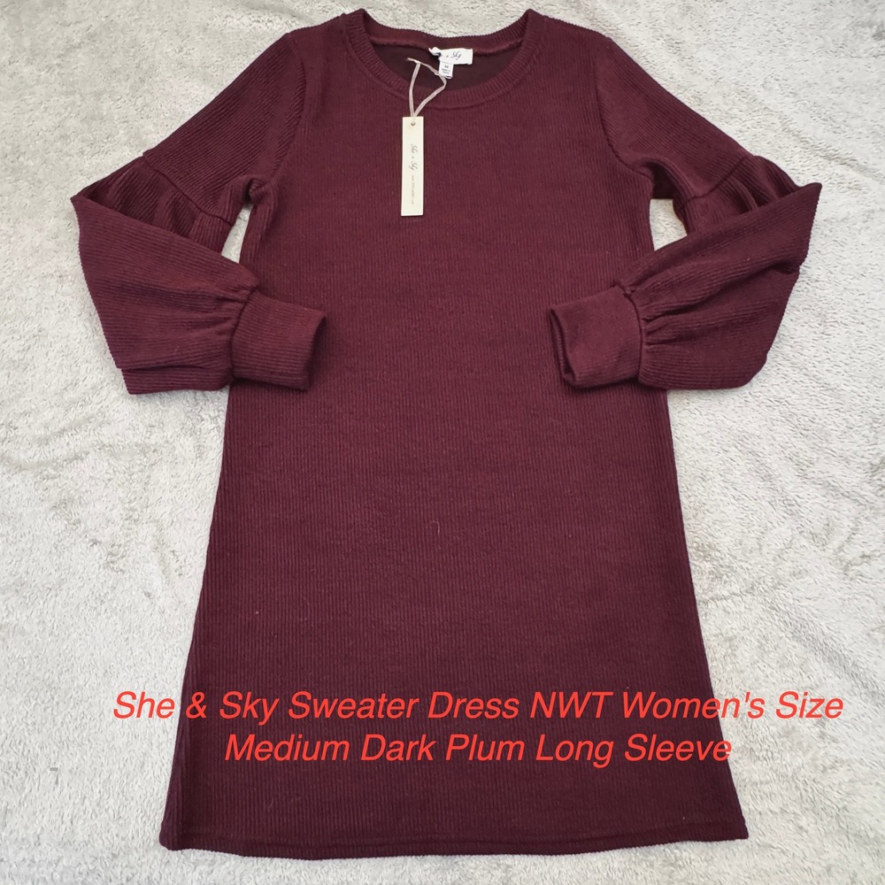 She & Sky Sweater Dress NWT Women's Size Medium Dark Plum Long Sleeve